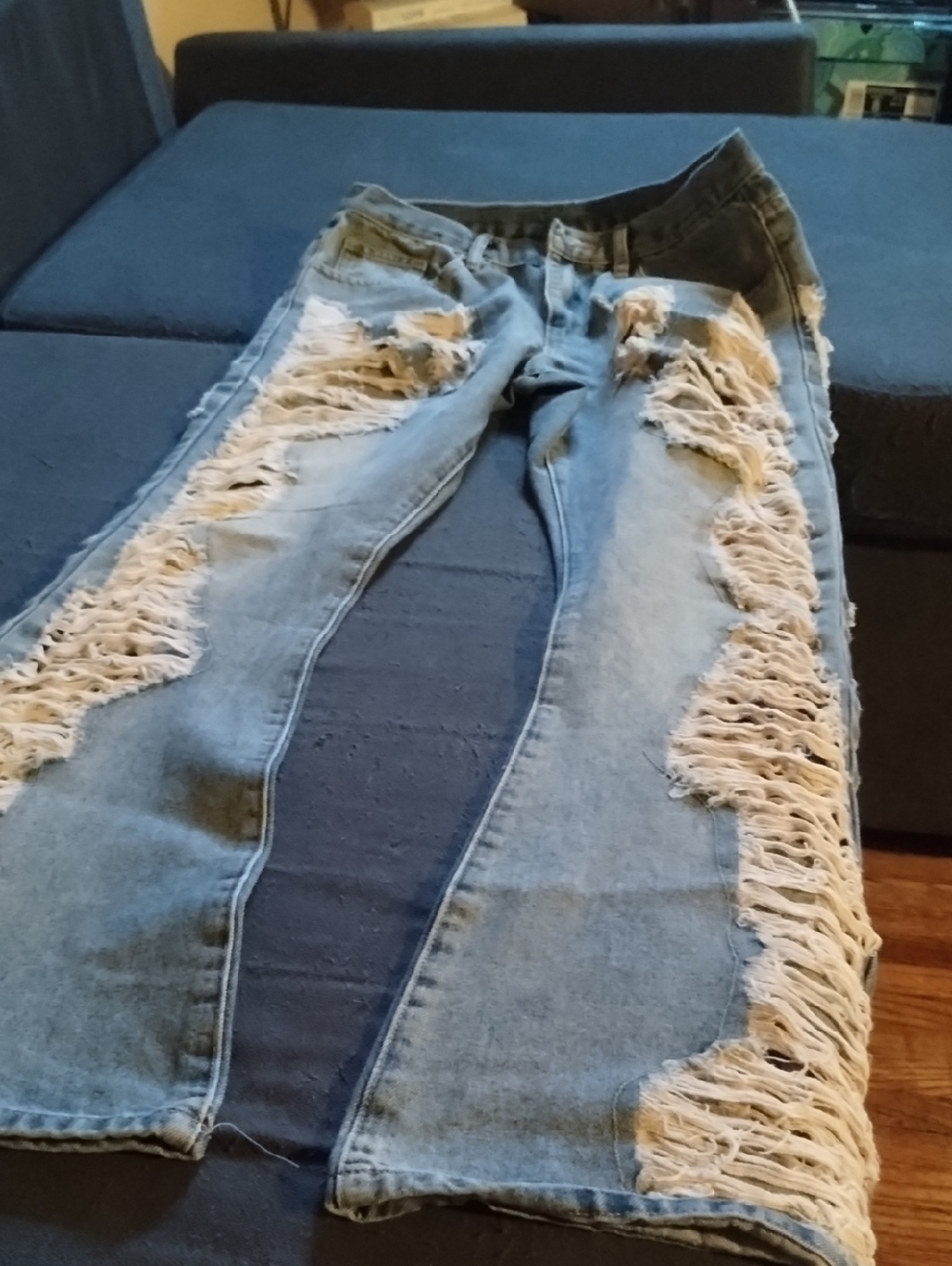 Muse Light Blue Distressed Boyfriend Jeans with Frayed Side Panels